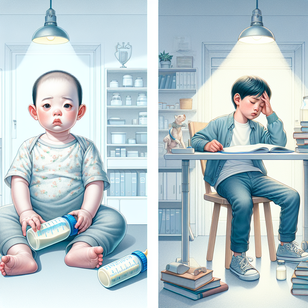 مقایسه تصویری علائم کم‌خونی در نوزادان و کودکان بزرگ‌تر، شامل نوزاد خواب‌آلود و کودک مدرسه‌ای خسته