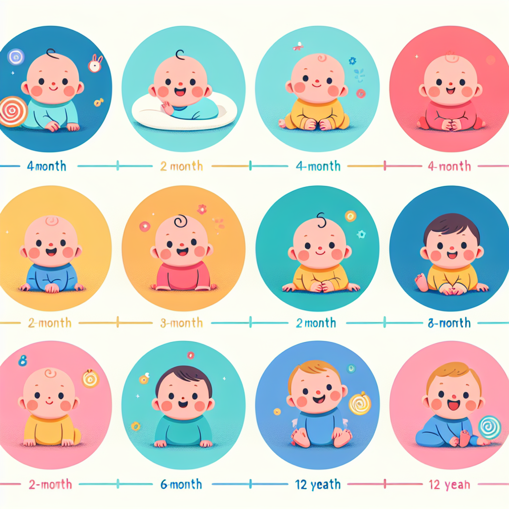 A colorful and engaging scene showing a timeline of baby development from birth to one year. Each month is represented by a different baby performing a milestone activity: newborn lying still, 2-month-old smiling, 4-month-old rolling over, 6-month-old sitting, 9-month-old crawling, and 12-month-old taking first steps. The background is soft and minimal, with each baby placed in a circular frame arranged in a linear sequence. Style: flat illustration, vibrant colors, child-friendly design.