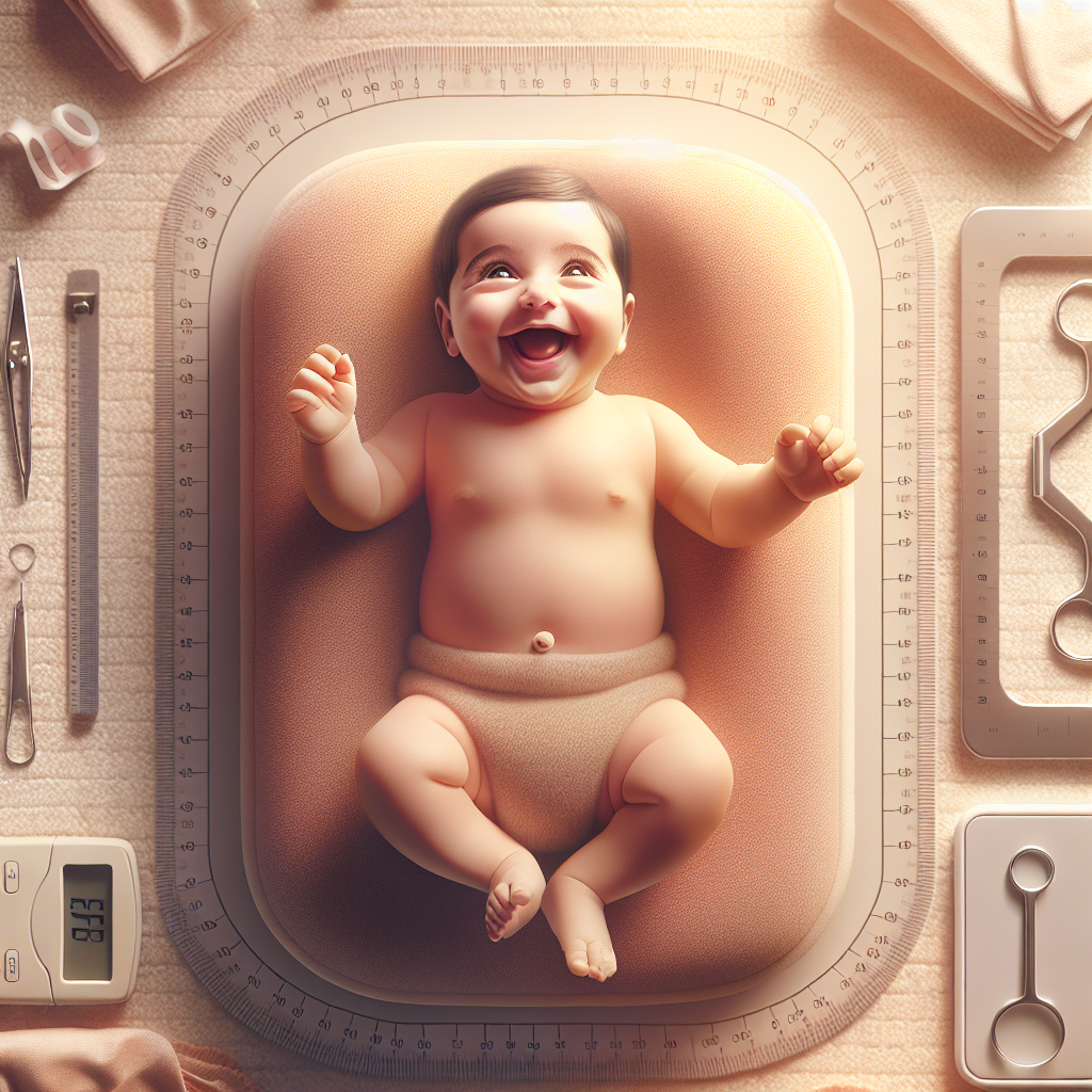 An overhead view of a baby lying on a soft mat, surrounded by measuring tools like a height chart, baby scale, and a measuring tape gently placed near the baby's head. The baby is smiling and moving its arms and legs. The environment is clean and softly lit, evoking a sense of health and care. Style: photorealistic with soft focus and warm tones. Composition: centered baby with tools arranged symmetrically around.