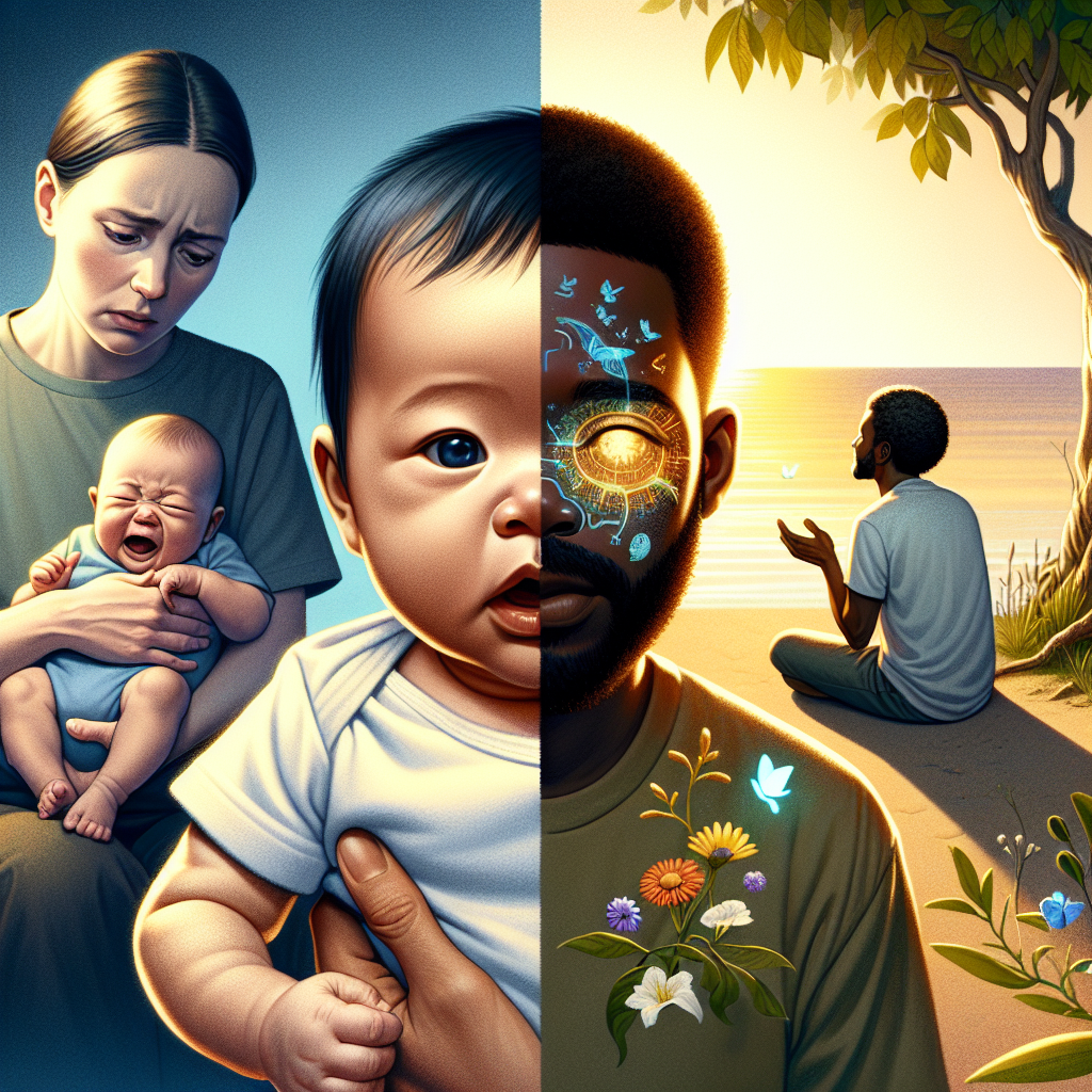 A split-scene illustration showing two contrasting scenarios. On the left: a worried parent observing a baby who looks lethargic and is not responding to surroundings. On the right: a calm parent observing a healthy, active baby sitting upright and smiling. The contrast highlights signs of growth delay versus healthy development. Style: semi-realistic illustration with expressive facial cues, muted tones on the left and vibrant on the right.