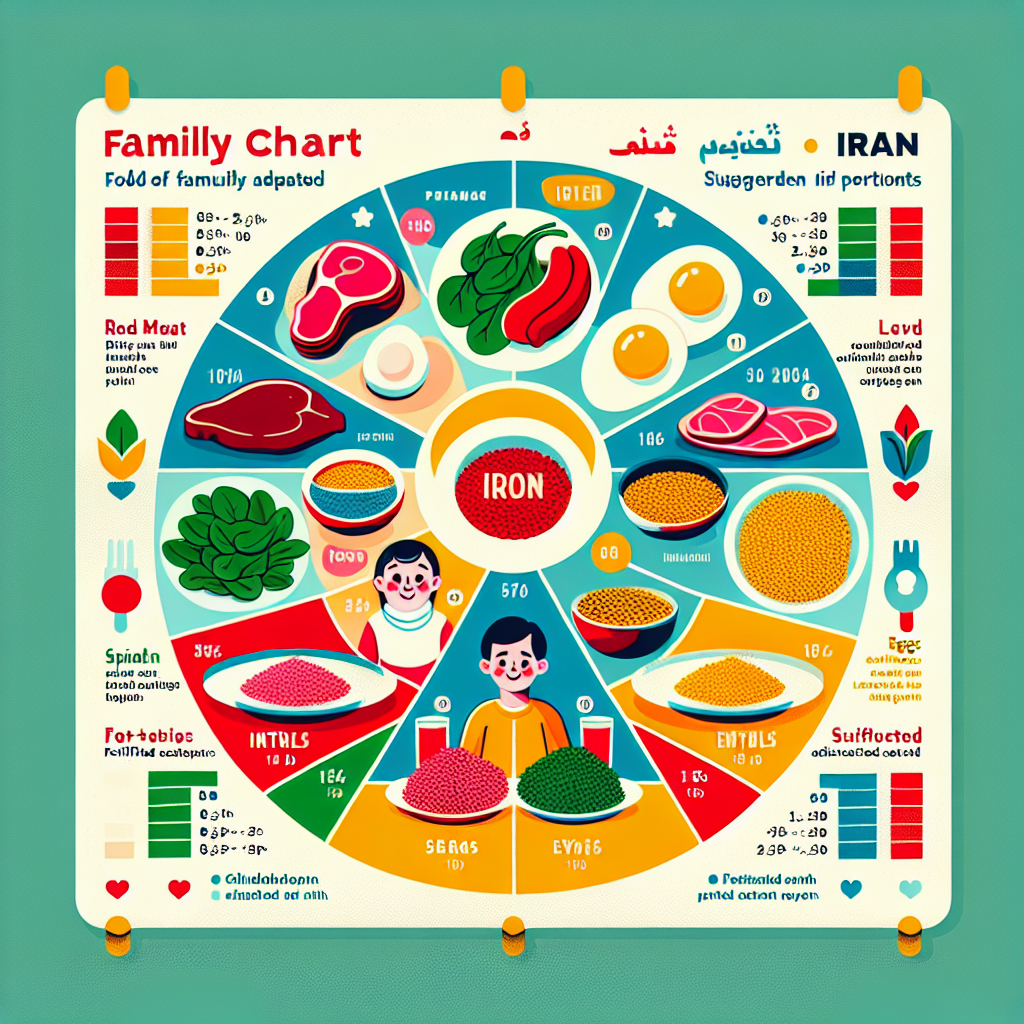 نمودار تصویری از غذاهای غنی از آهن برای کودکان ایرانی شامل گوشت، جگر، اسفناج، عدس، تخم‌مرغ و غلات غنی‌شده