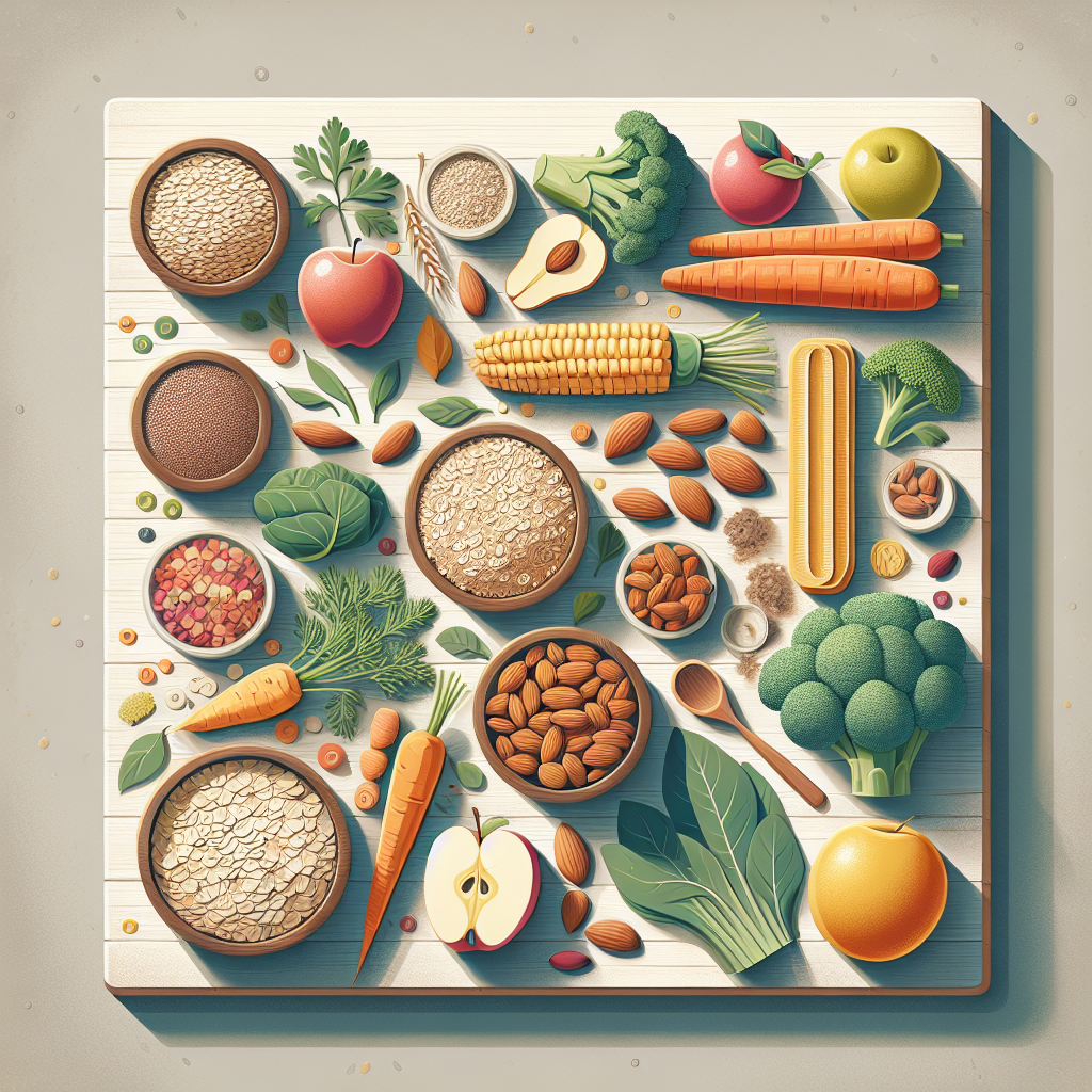 تصویری رنگارنگ از غذاهای سرشار از فیبر محلول و نامحلول شامل جو دوسر، سیب، عدس، هویج، سبوس گندم، بادام و کلم بروکلی