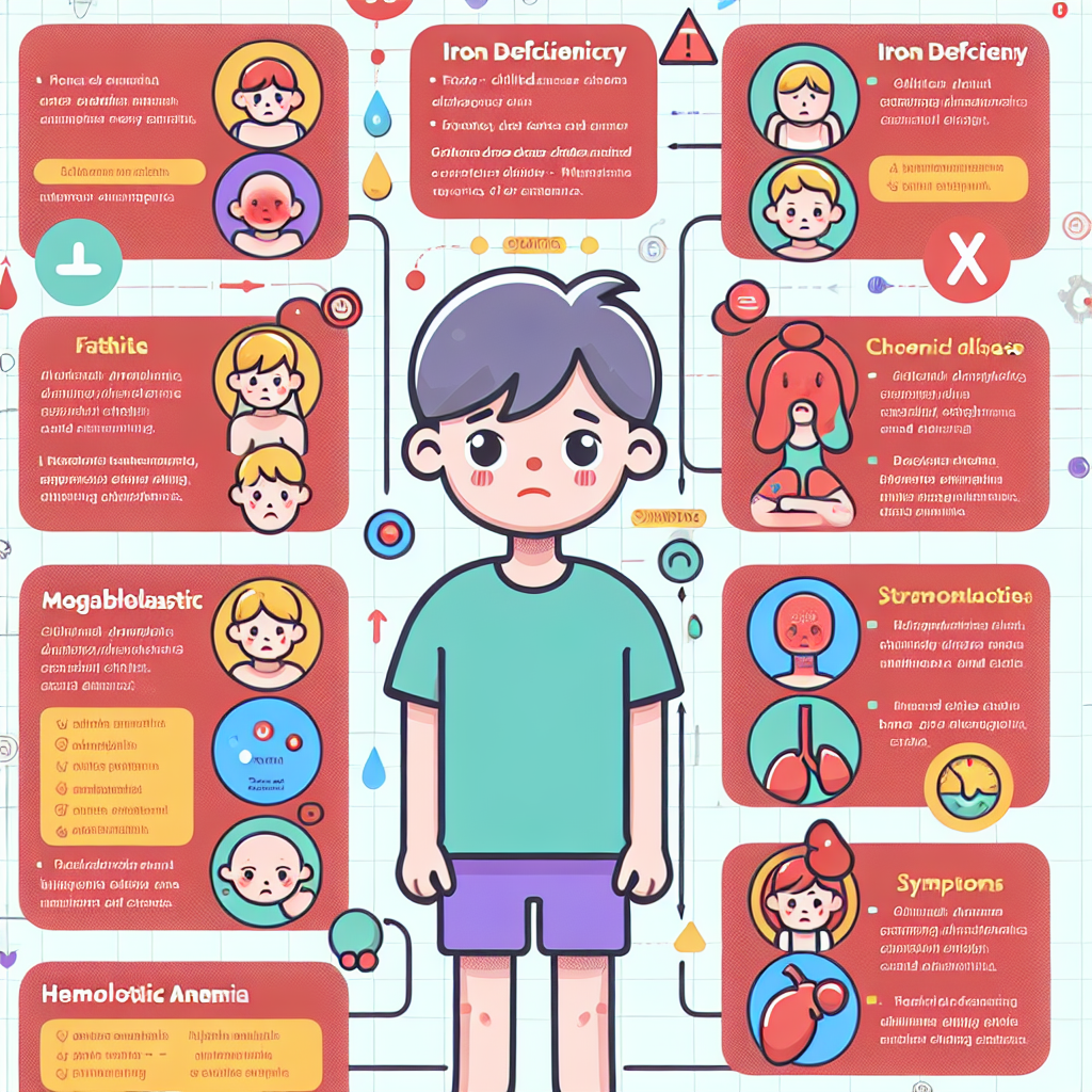 اینفوگرافیکی رنگارنگ که انواع کم‌خونی در کودکان را با آیکون‌های آموزشی و علائم مشخص برای هر نوع نشان می‌دهد